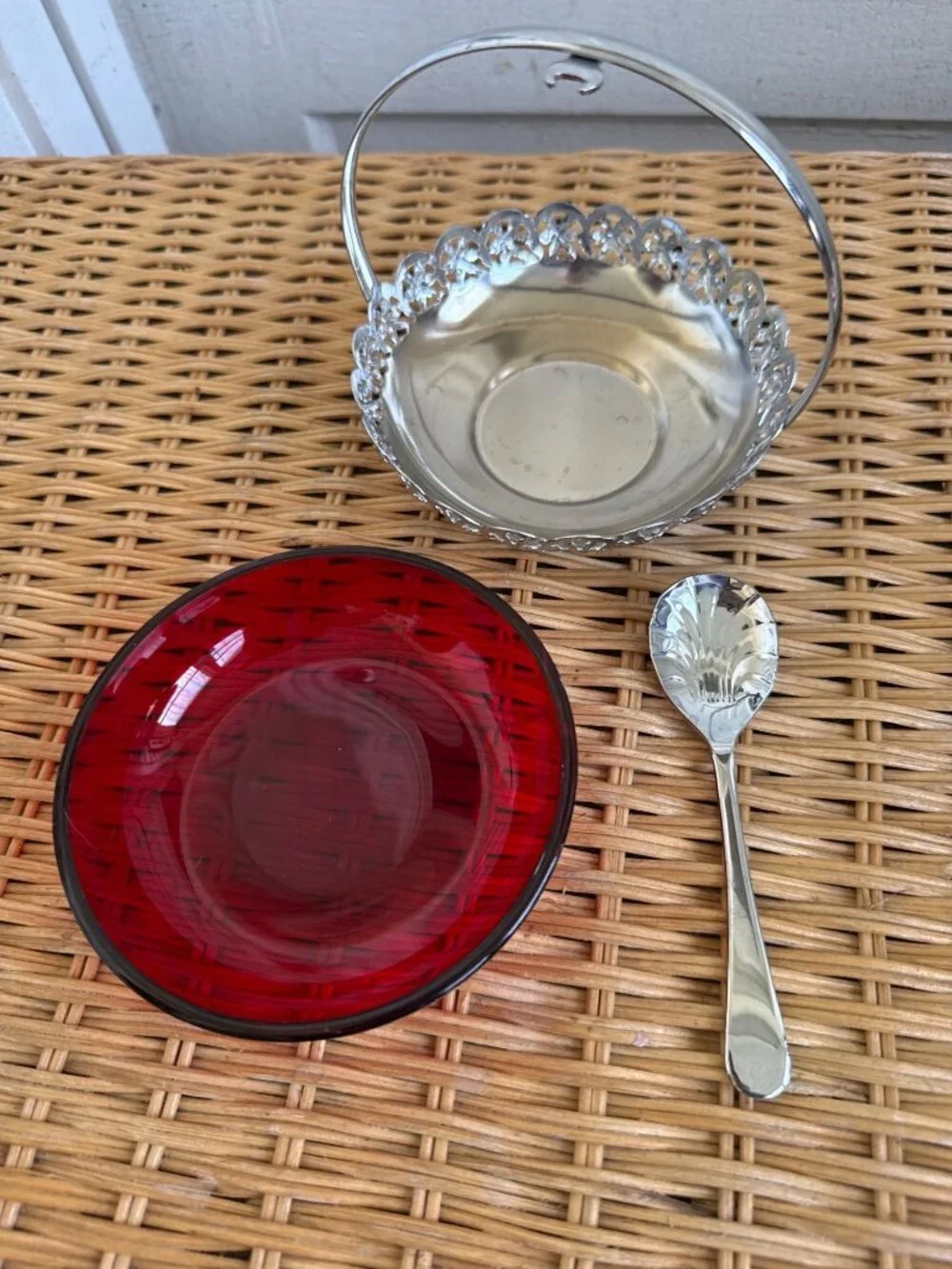 Vintage 1950s England Chrome Ruby Red Glass Condiment Dish Clam Shell Spoon